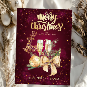 Cartão De Festividades Bola de Natal Elegante,Rena,Copo de Vinho,Laço