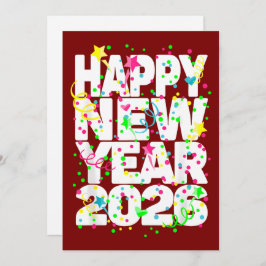 Cartão De Festividades Bold 2026 New Year Greeting in Red with Confetti 