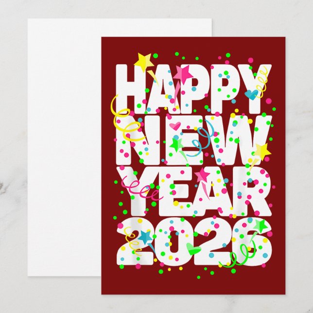 Cartão De Festividades Bold 2026 New Year Greeting in Red with Confetti  (Frente/Verso)
