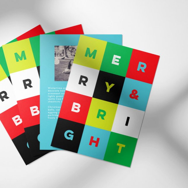 Cartão De Festividades Bold Aqua Red Green Merry and Bright Christmas (Merry & Bright holiday card with bold colored checks, personalized photo and message text on back)
