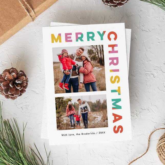 Cartão De Festividades Bold Colorful Merry Christmas 2-Photo  (bold, modern, colorful Merry Christmas typography 2-photo card)