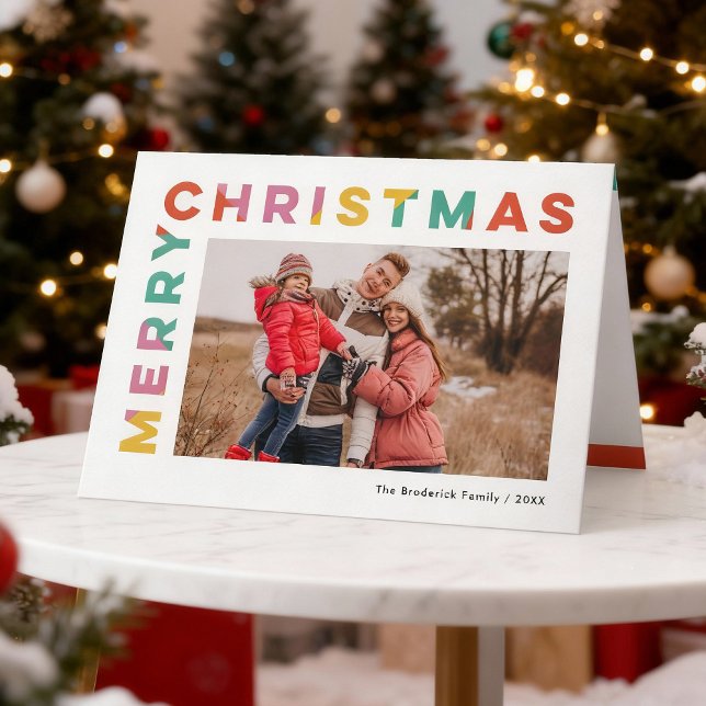 Cartão De Festividades Bold Colorful Merry Christmas Photo  (bold, modern, colourful Merry Christmas folded card with photo insert.)