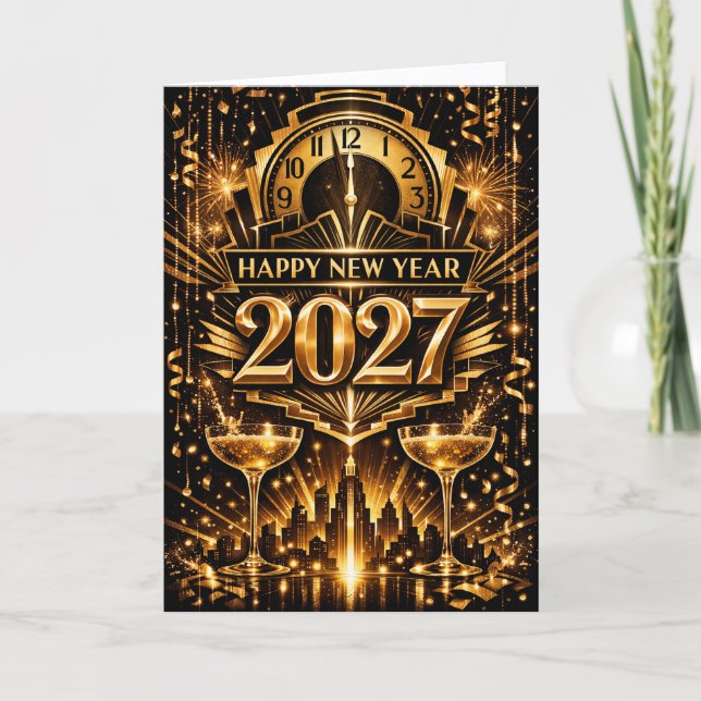 Cartão De Festividades Bold Gold Art Deco City New Year 2027 (Frente)