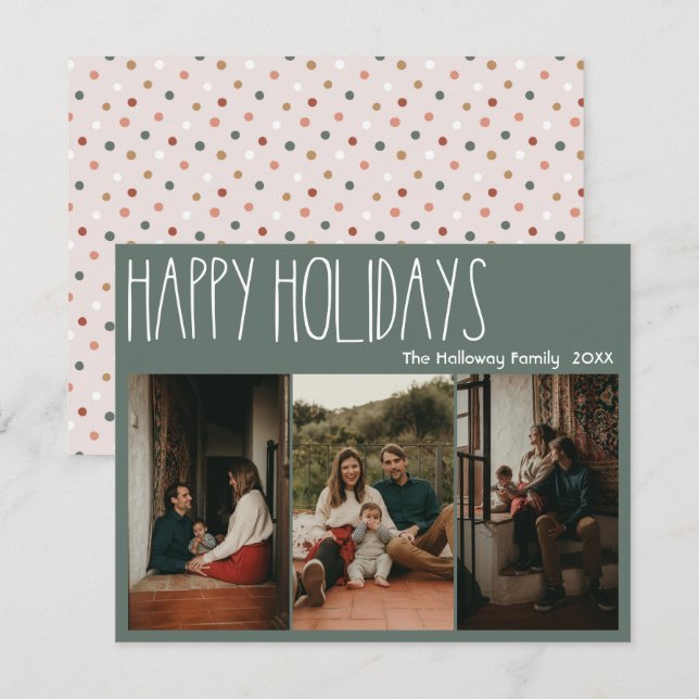 Cartão De Festividades Bolinhas Verde Boho Feliz Feriados Três Fotos (Frente/Verso)