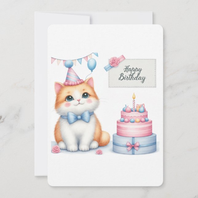 Cartão De Festividades Bolo de Aniversário do Gato de Pastel Gato - Cartã (Frente)