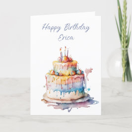 Cartão De Festividades Bolo de Birthday com Aquarela Personalizada