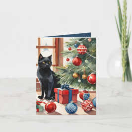 Cartão De Festividades Bomba de Natal Meowy Cat Watercolor
