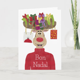 Cartão De Festividades Bon Nadal, Reindeer de presentes de Natal Catalão