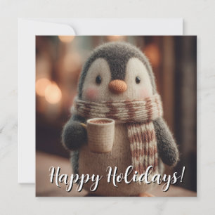 Cartão De Festividades Boneca de Pinguim Aconchegante Tricotada com Cache