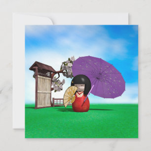 Cartão De Festividades Boneca Kokeshi Japonesa Personalizada Arte Flor de