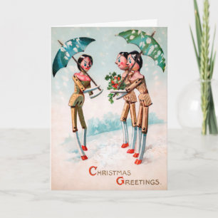 Cartão De Festividades Bonecas de Madeira Vintage com Guarda-chuvas