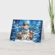 Boneco de Neve Azul de Inverno Clássico e Animais