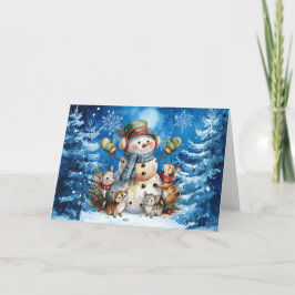 Cartão De Festividades Boneco de Neve Azul de Inverno Clássico e Animais 