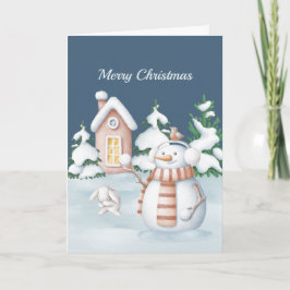 Cartão De Festividades Boneco de Neve Coelho Árvores Bola de Neve Aquarel