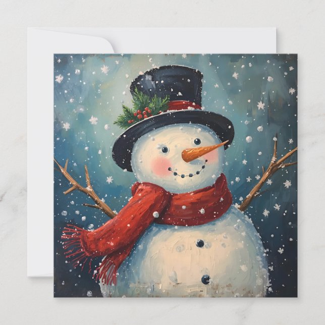 Cartão De Festividades Boneco de Neve de Natal com Chapéu e Cachecol Vint (Frente)