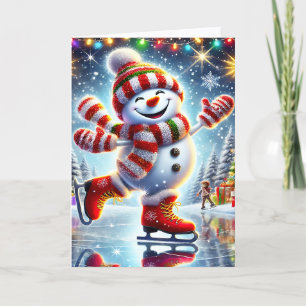 Cartão De Festividades Boneco de Neve de Natal Patinando no Gelo Fofo