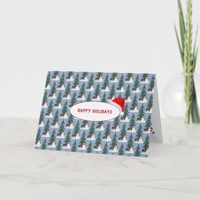 Cartão De Festividades boneco de neve e cervo em flocos de neve no azul (Frente)