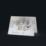 Cartão De Festividades Boneco de neve e cervos do Natal em madeiras do<br><div class="desc">boneco de neve e cervos em madeiras do inverno com decorações e flocos de neve do Natal</div>