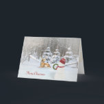 Cartão De Festividades Boneco de neve e cervos do Natal em madeiras do<br><div class="desc">boneco de neve e cervos em madeiras do inverno com decorações e flocos de neve do Natal</div>