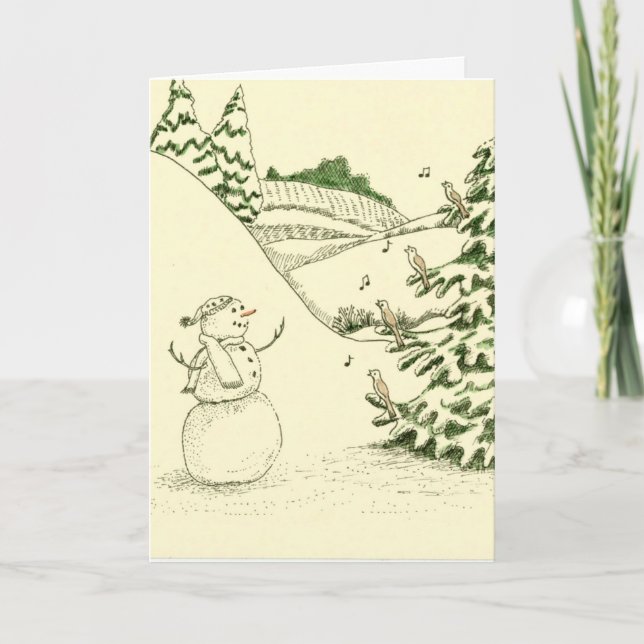 Cartão De Festividades Boneco de neve e pássaros (Frente)