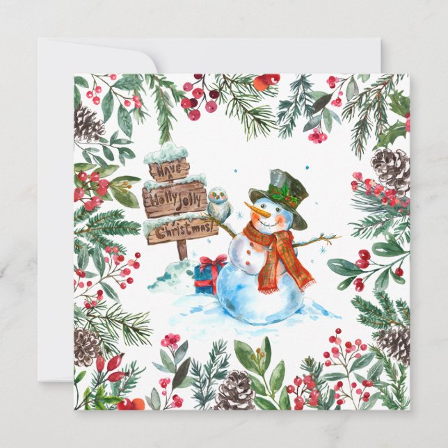 Cartão De Festividades Boneco de Neve em Aquarela Feliz Natal  (Frente)