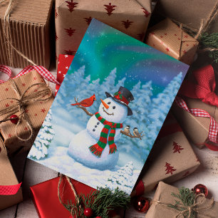 Cartão De Festividades Boneco de Neve Feliz Natal & Pássaros Cena de Inve
