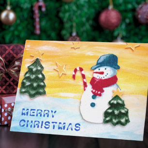 Cartão De Festividades Boneco de Neve Fofo e Árvore de Natal