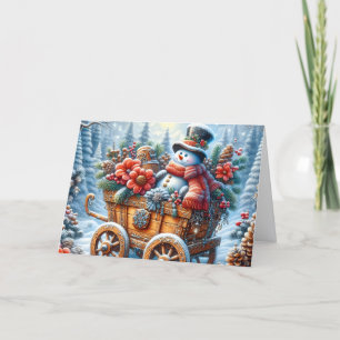 Cartão De Festividades Boneco de Neve Fofo no Natal de Carroça