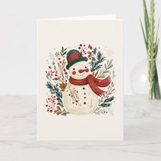 Cartão De Festividades Boneco de Neve Retrô com Chapéu Verde e Cachecol V