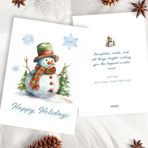 Cartão De Festividades Boneco de Neve Vermelho Verde Branco Moderno Aquar