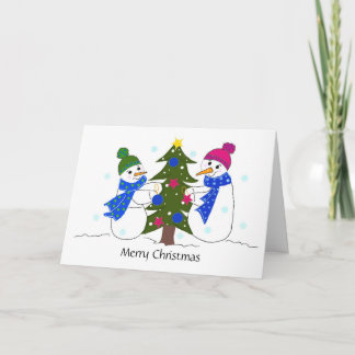 Cartão De Festividades Bonecos de Neve Decorando uma Árvore de Natal