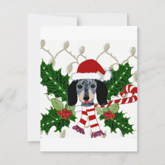 Cartão De Festividades Bonita Dachshund e Holly Wreath Saudação de Natal