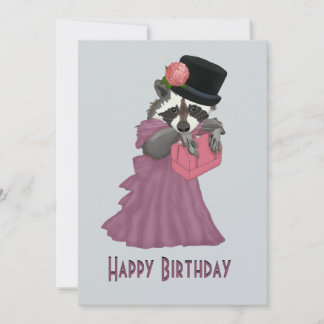 Cartão De Festividades Bonita Garota Raccoon de vestido rosa Feliz Aniver