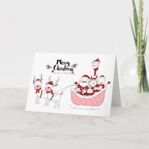 Cartão De Festividades Bonita Mão desenhada Papais noeis com Animais no