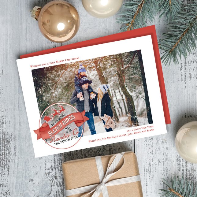 Cartão De Festividades Bonita Reindeer Uma Foto De Natal (Whimsical Santa Sleigh rides typography sign. )