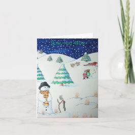 Cartão De Festividades Bonito boneco de neve com estoque de Natal na neve