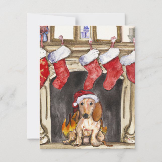 Cartão De Festividades Bonito Dachshund e Lareira Aquarela Natal (Frente)