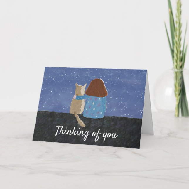 Cartão De Festividades Bonito Garota E Gato Pensando Em Você (Frente)