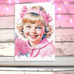 Cartão De Festividades Bonito Garota Vintage | Natal rosa<br><div class="desc">Bonito cartão de Natal cor-de-rosa e branco,  com uma menina vintage sorrindo com fitas e flores,  estilo vitoriano e antigo Natal.</div>