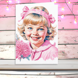 Cartão De Festividades Bonito Garota Vintage   Natal rosa