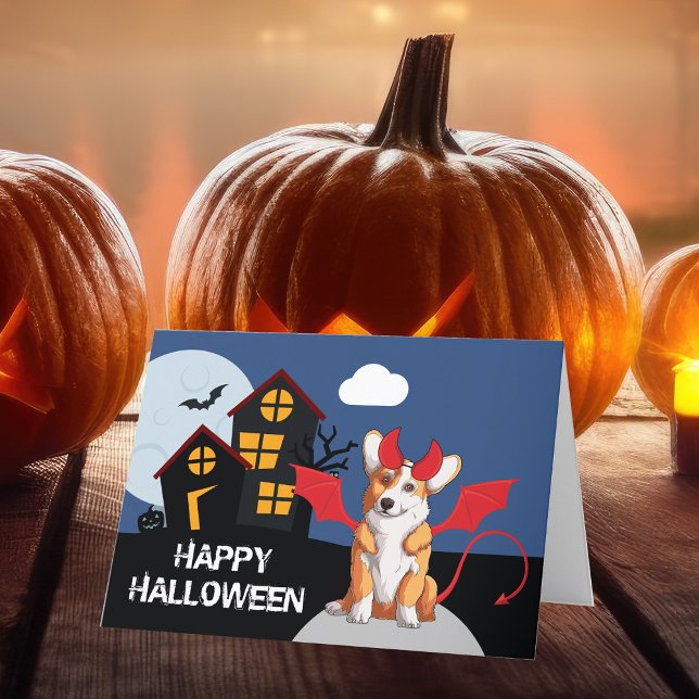 Cartão De Festividades Bonito Halloween Corgi no Diabo Costume (Criador carregado)