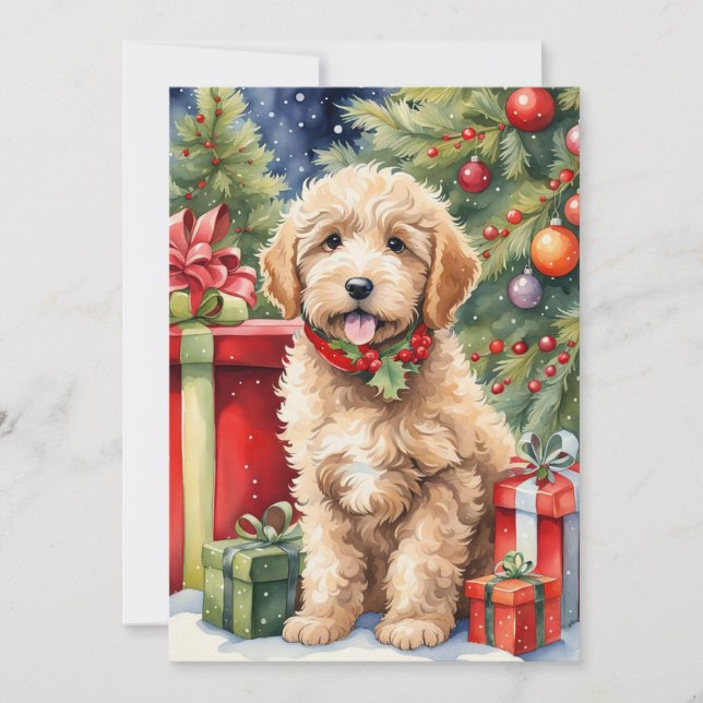 Cartão De Festividades Bonito Natal Labradoodle Puppy com presentes (Frente)