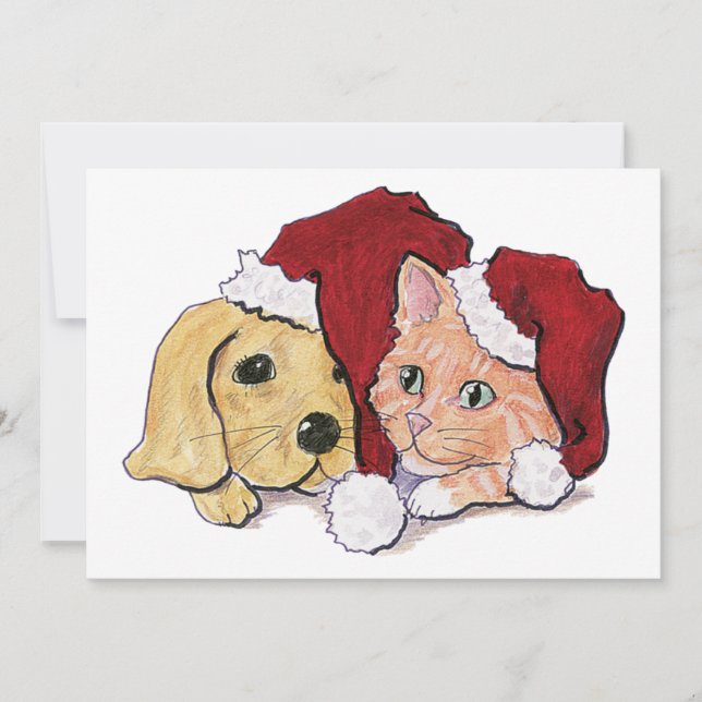 Cartão De Festividades Bonito Natal Labrador Puppy e Orange Tabby (Frente)