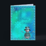 Cartão De Festividades Bonito Neve, Flocos de Neve Azul e Sequências de N<br><div class="desc">Lindas sequências azuis, boneco de neve, estrelas e flocos de neve Cartão de Natal para a família, adultos e crianças com um bonitinho e elegante boneco de neve vestido com um bonito chapéu azul turquesa e casaco num belo fundo azul mágico com ornamentos de flocos de neve, estrelas e uma...</div>