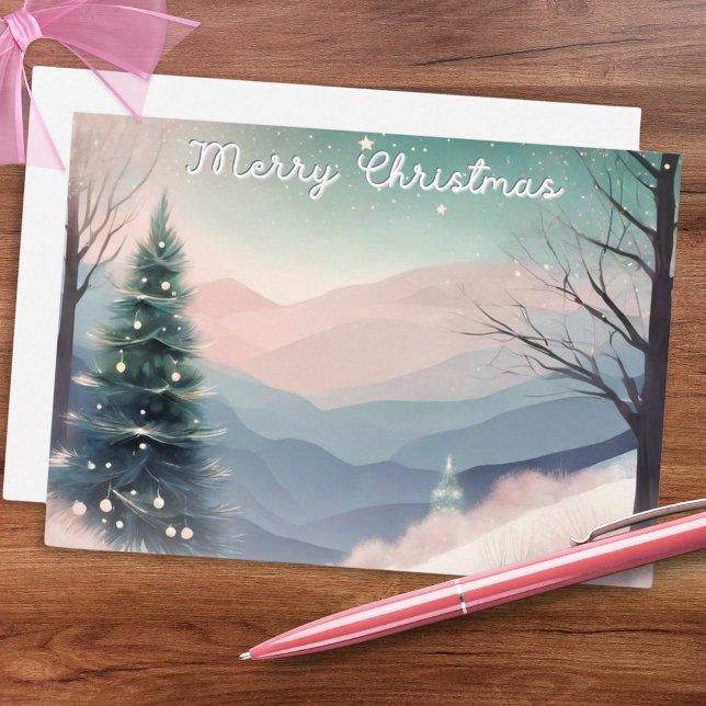 Cartão De Festividades Bonito paisagem de neve de inverno Feliz Natal (A pretty Christmas card with snow scene in a watercolor style, with pastel pink, green and gray)