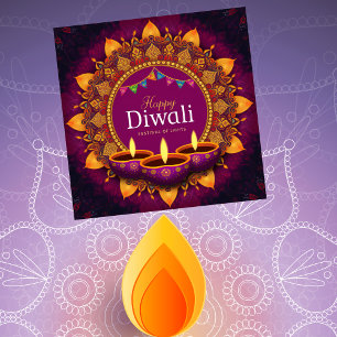 Cartão De Festividades Bonito Roxo Diya Colorida Mandala Happy Diwali