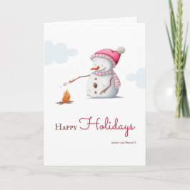 Cartão De Festividades Bonito Snowman a arder marshmallow Natal rosa