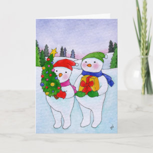 Cartão De Festividades Bonito Snowmen - Presente de Árvore de Natal