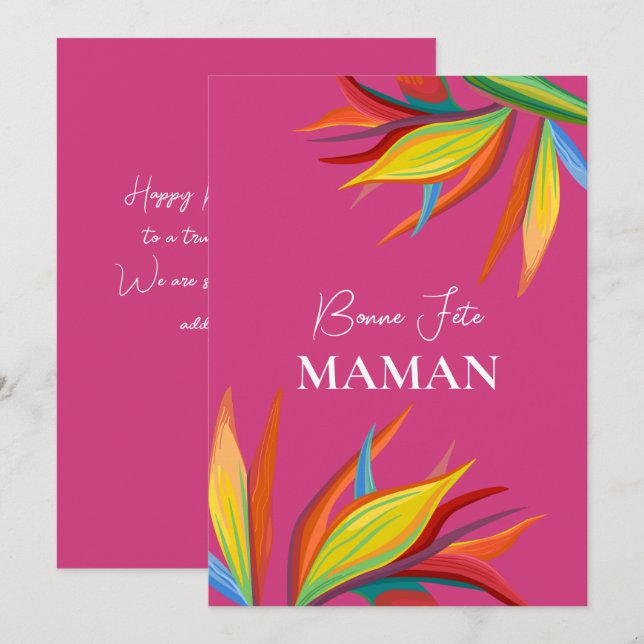 Cartão De Festividades Bonne Fête Maman Tropical Flower Pink Card (Frente/Verso)
