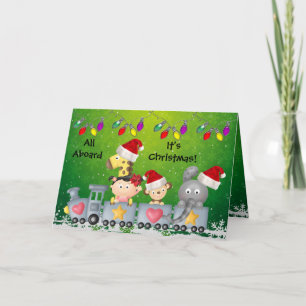 Cartão De Festividades Bons animais e moças no trem Feliz Natal